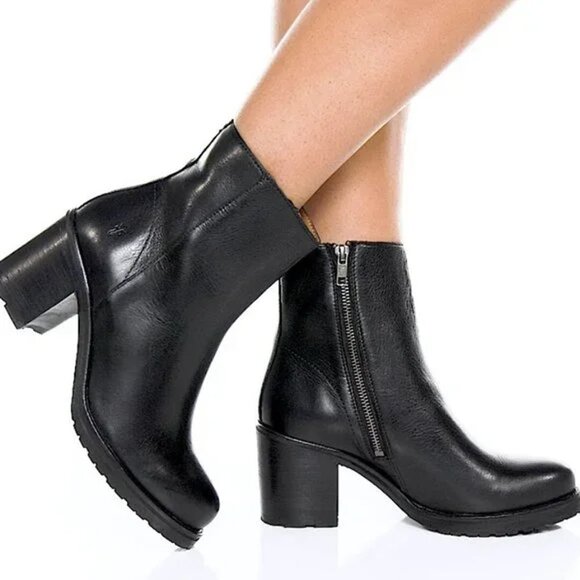 Frye Karen Inside Zip Up Black Real Leather Comfy Chunky Heel Ankle Booties - Picture 2 of 13